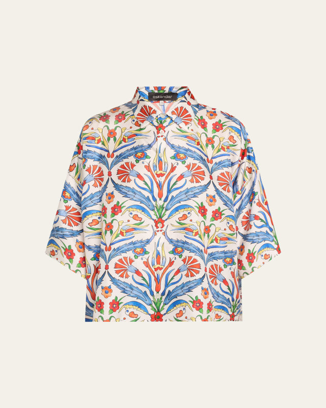 Printed Sloped-Shoulder Wide A-Line Short-Sleeve Shirt With Collar (Mid Length)